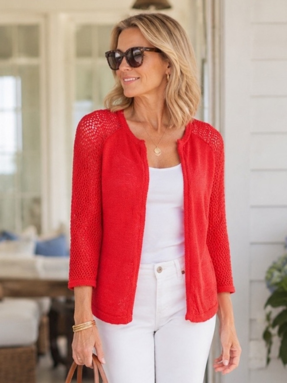 Lucky Brand Open Knit Cardigan Coral Red Boho Coastal Lightweight Sweater